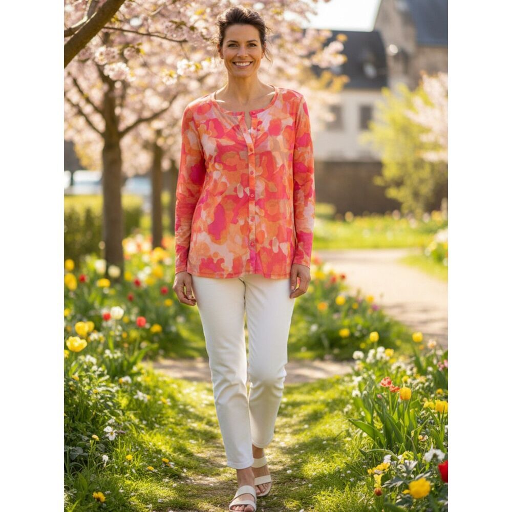 Logo Lori Goldstein Mesh Abstract Print Top - Button Front - Women's M